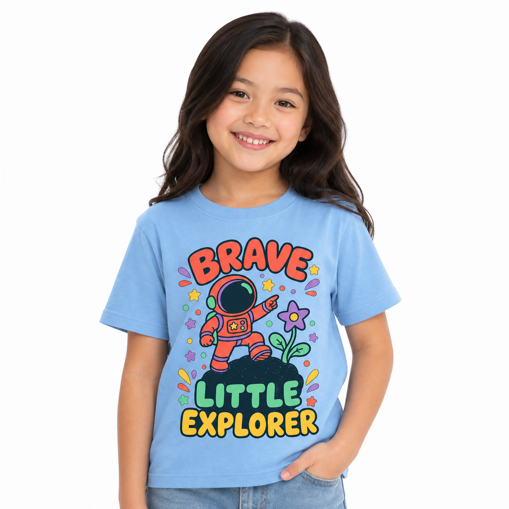 Brave Little Explorer Kids Tee worn studio view