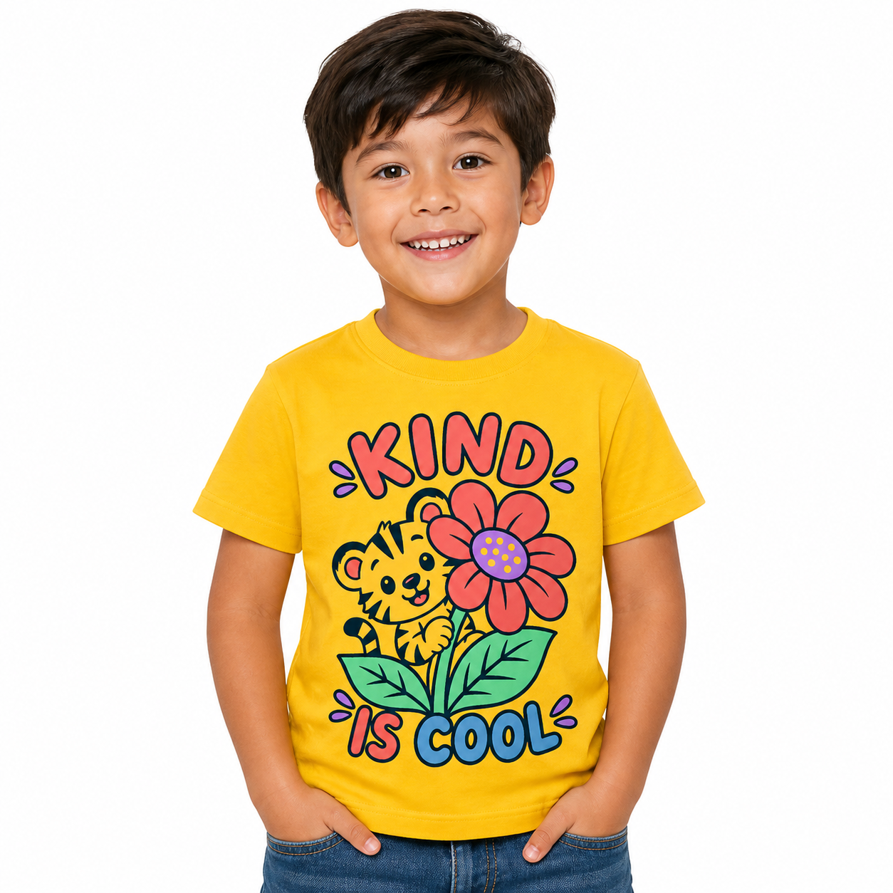 Kind Is Cool Kids Tee worn studio view