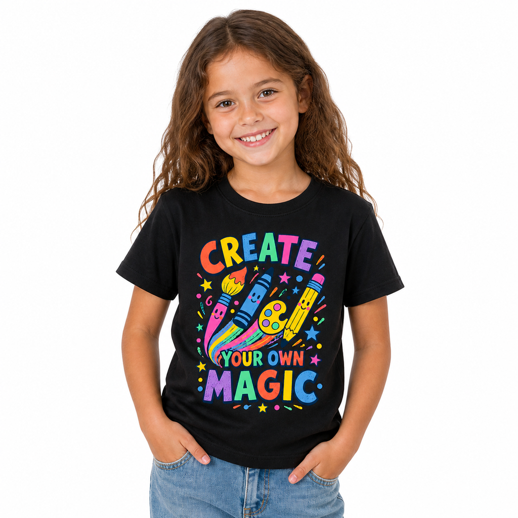 Create Your Own Magic Kids Tee worn studio view