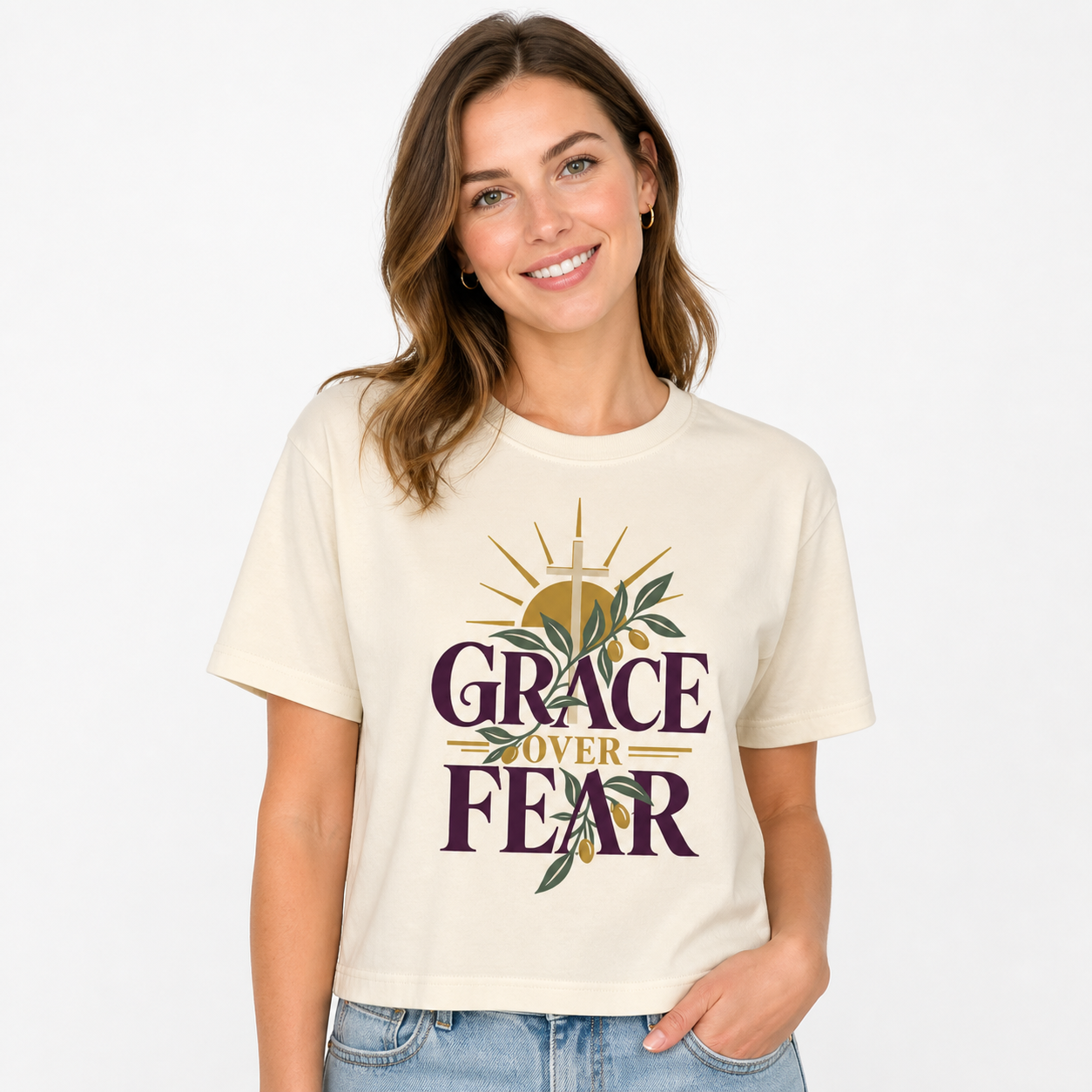 Grace Over Fear Tee worn studio view
