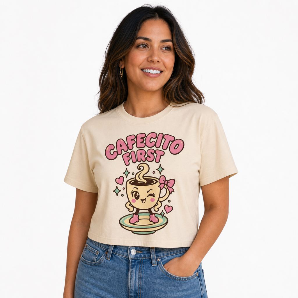 Cafecito First Tee worn studio view