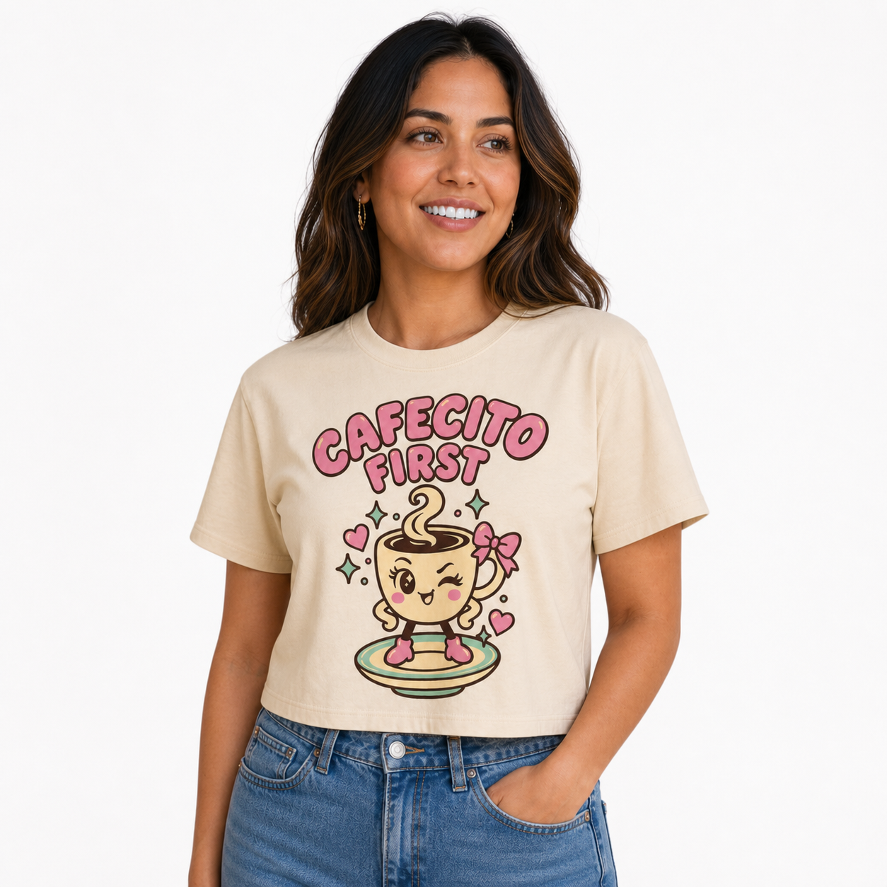 Cafecito First Tee worn studio view