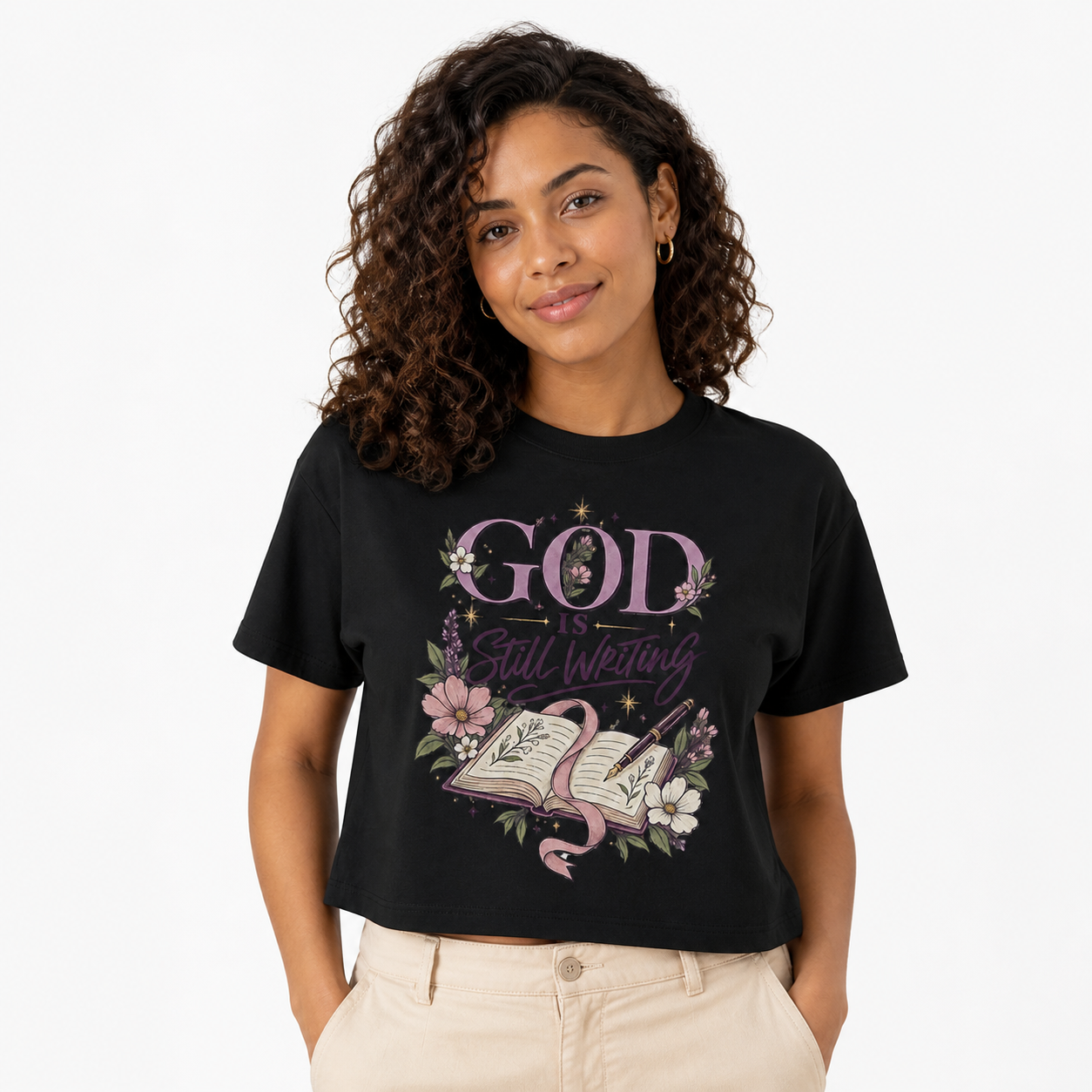 God Is Still Writing Tee worn studio view