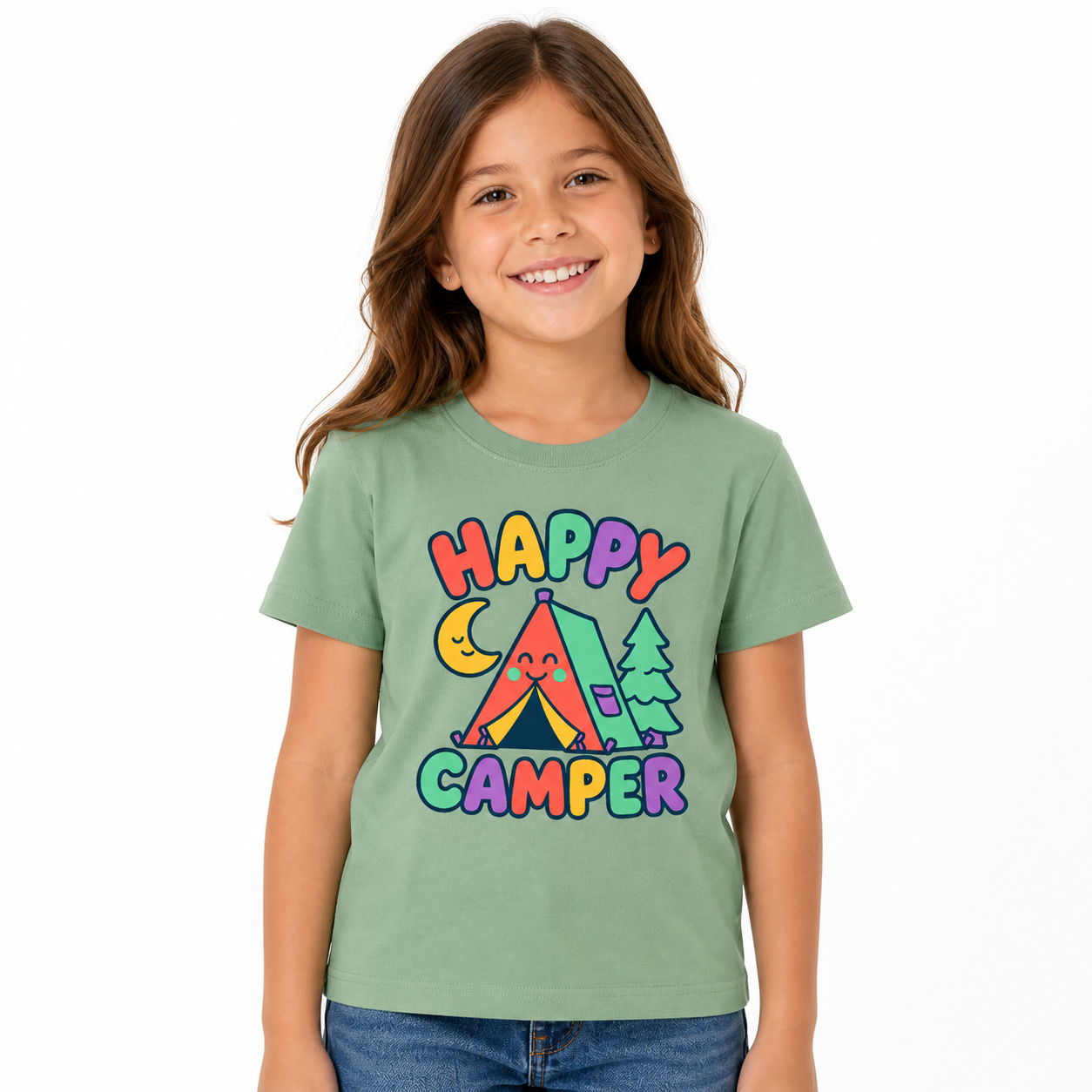 Happy Camper Kids Tee worn studio view