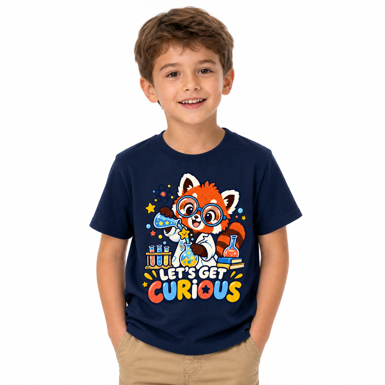 Let's Get Curious Kids Tee worn studio view