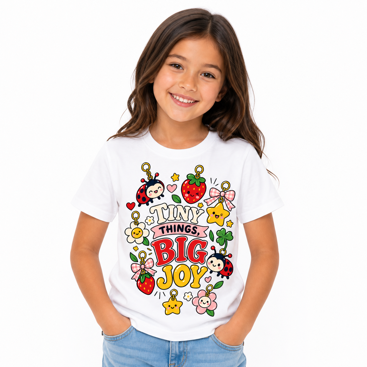 Tiny Things, Big Joy Kids Tee worn studio view