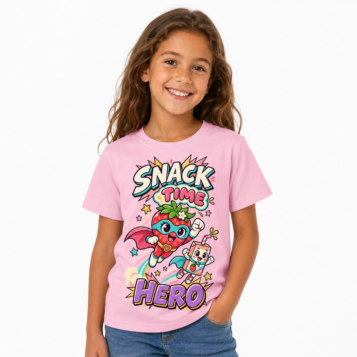 Snack Time Hero Kids Tee worn studio view