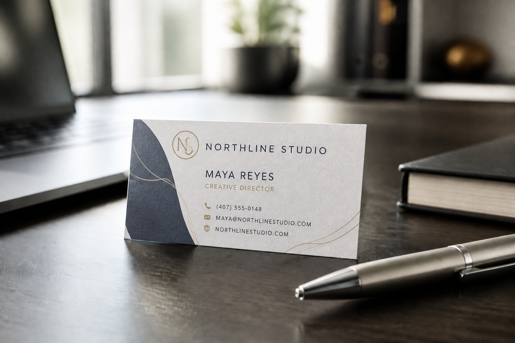 Professional business card displayed on an office desk