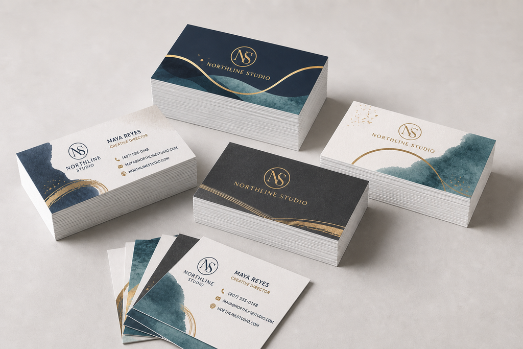 Stacks of professionally printed business cards with logos and contact information