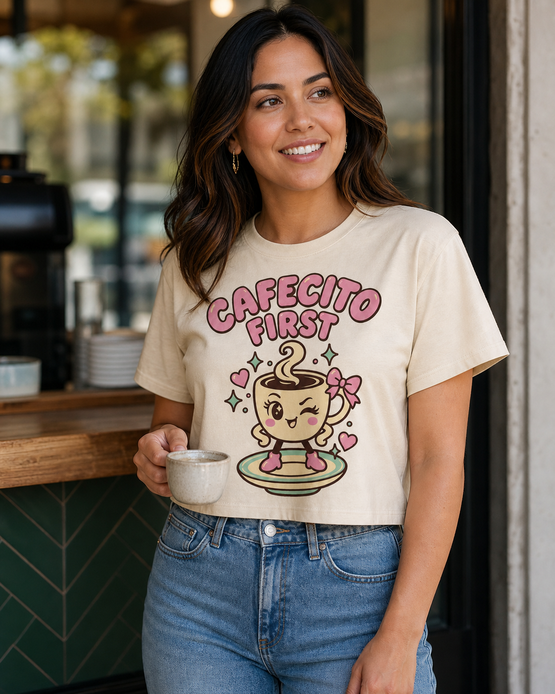 Woman wearing the Cafecito First cropped tee at a café