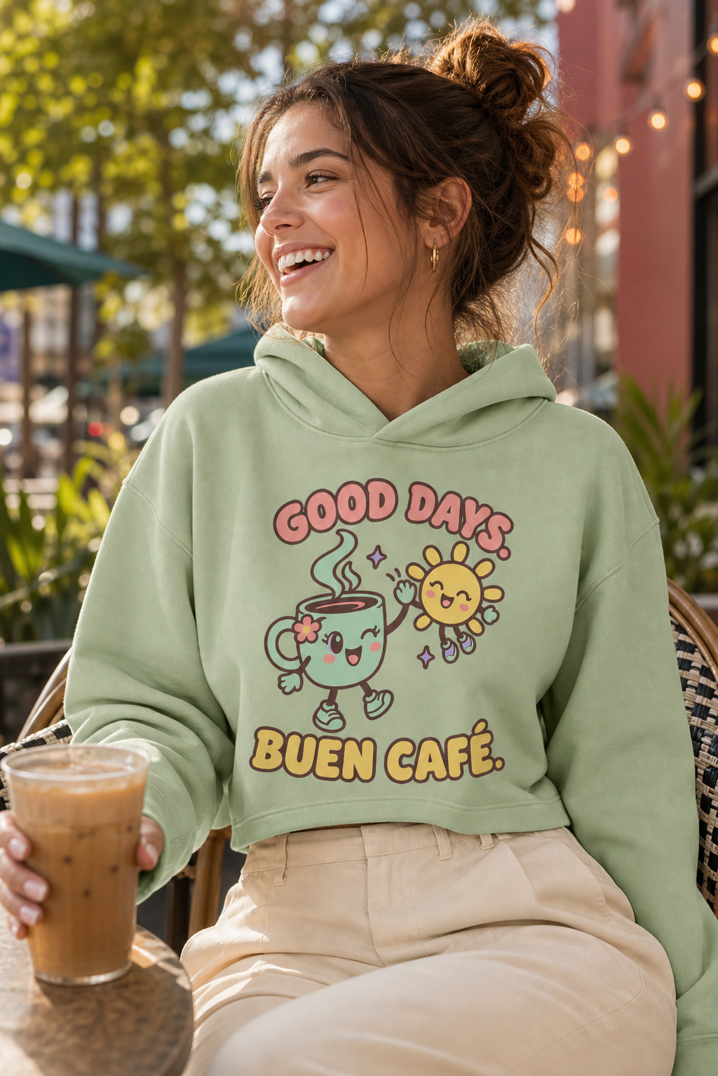 Woman wearing the Good Days Buen Café cropped hoodie