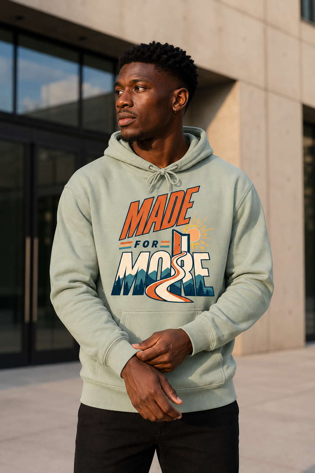 Black man wearing the Made For More sage hoodie outdoors