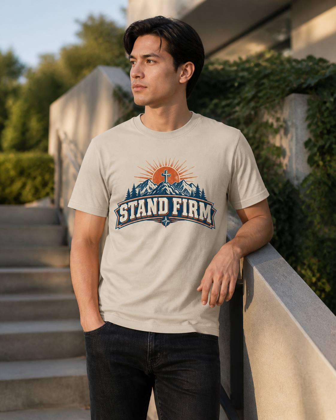 Man wearing the Stand Firm tee outdoors