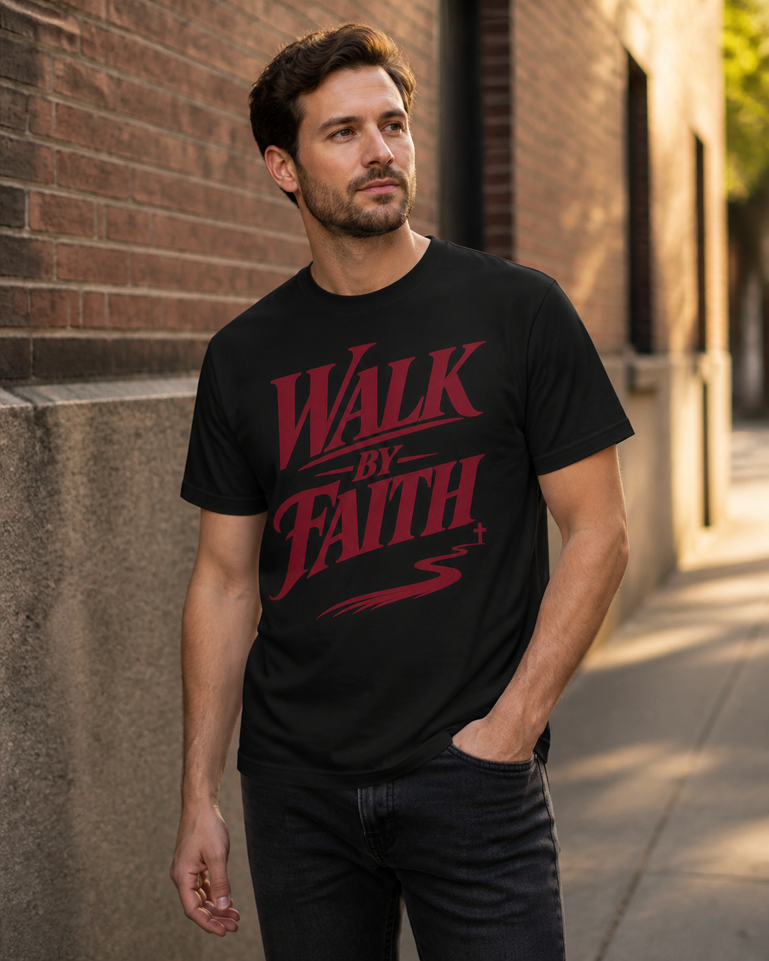 Man wearing the Walk By Faith tee outdoors