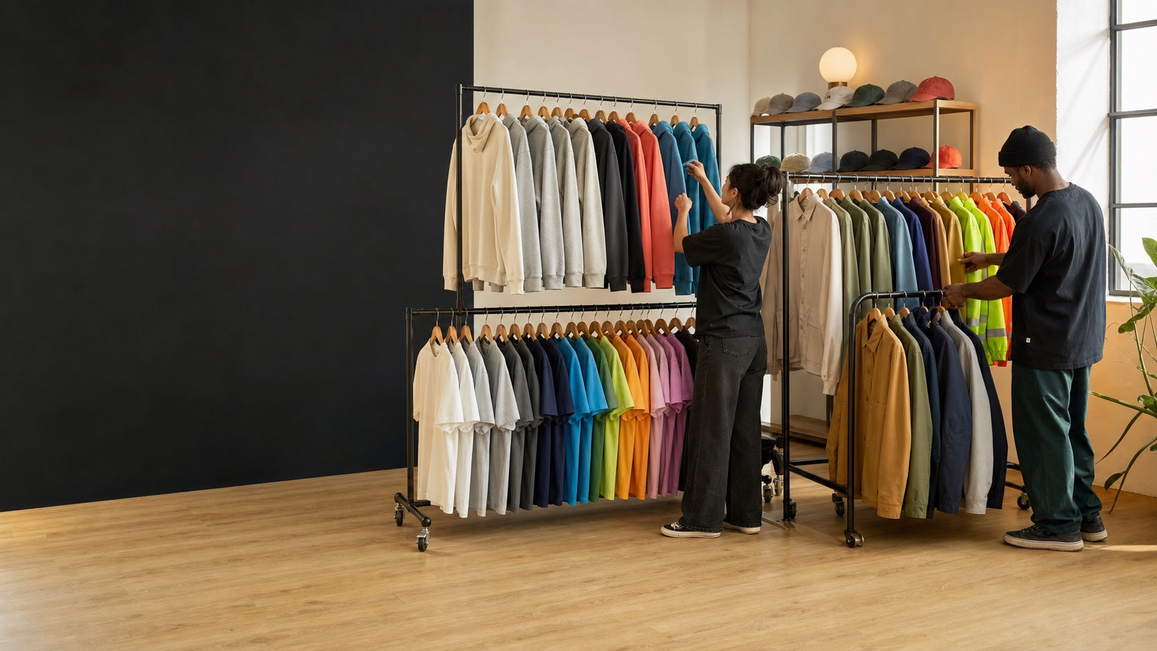 Colorful premium blank tees, polos, fleece, jackets, and woven shirts organized on clothing racks
