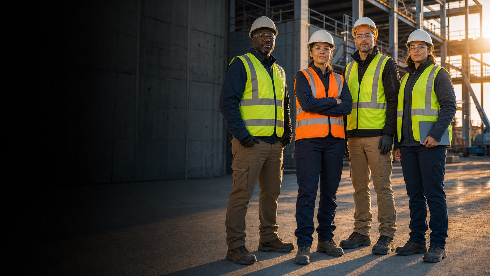 Construction crew wearing coordinated safety vests, work shirts, jackets, and hard hats