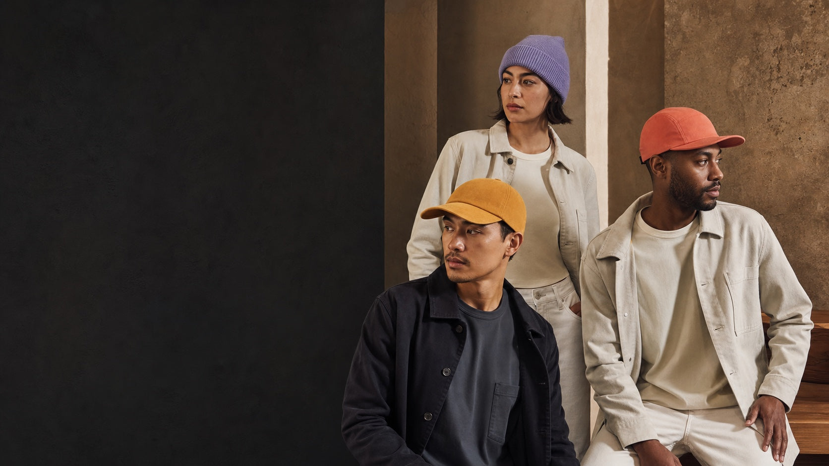 Diverse creative team wearing premium blank caps and beanies