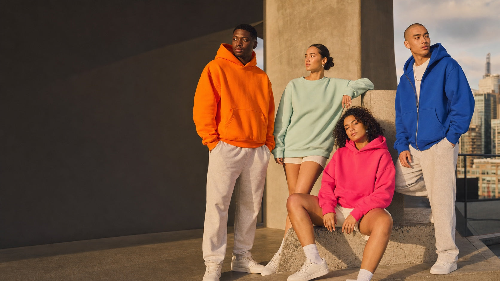 Creative team wearing vivid heavyweight hoodies and crewneck sweatshirts