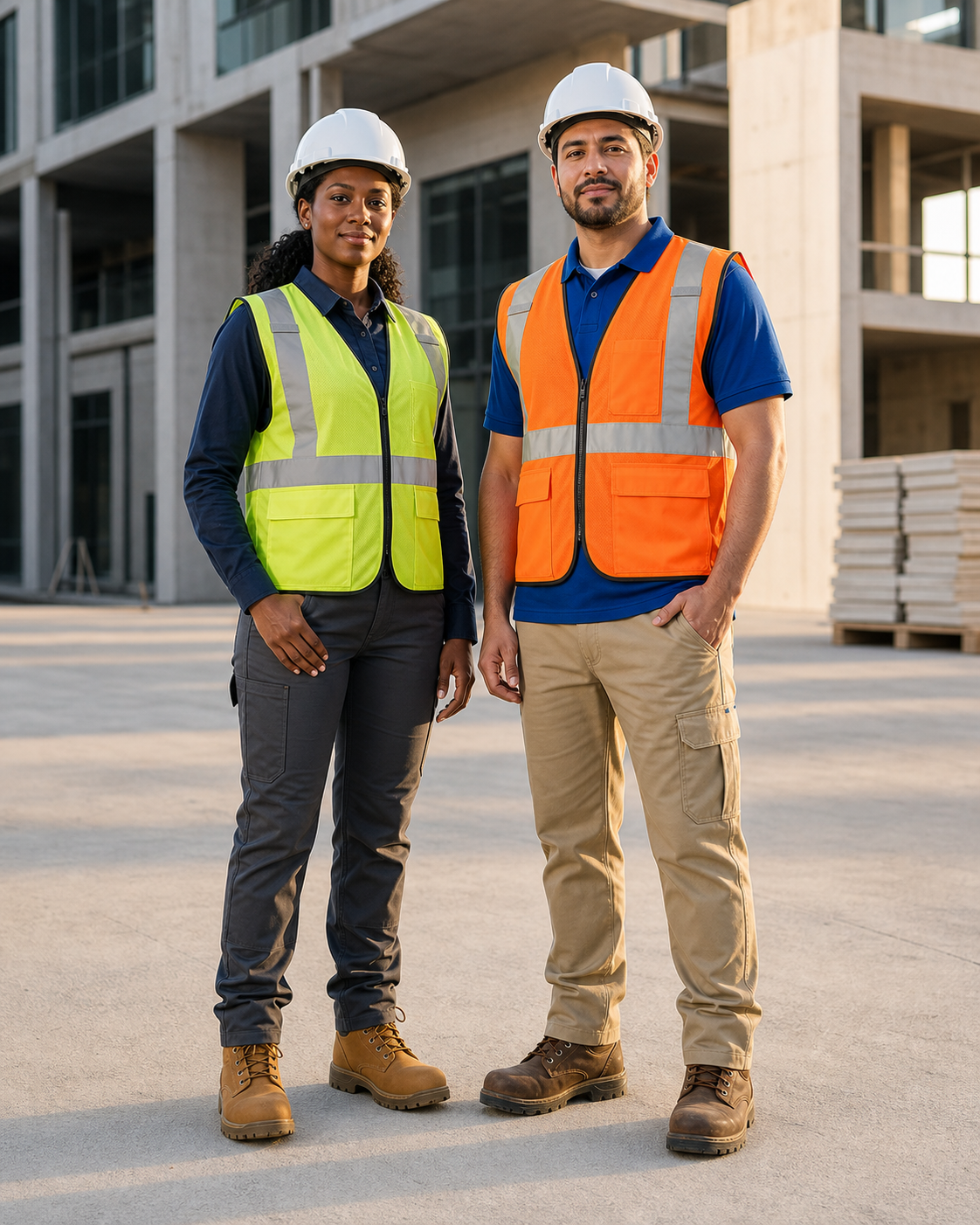 Two full-length construction professionals in coordinated high-visibility workwear