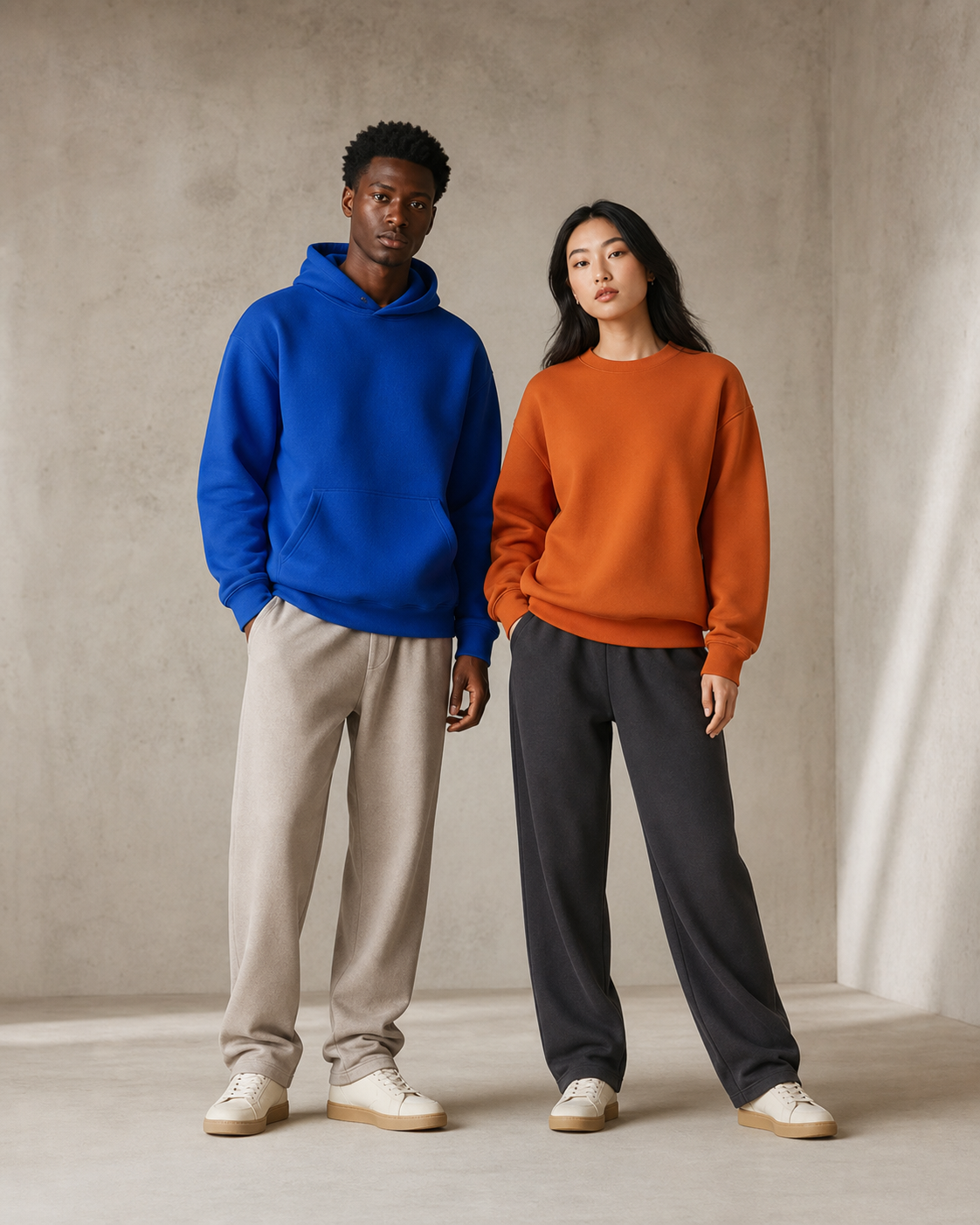 Two full-length models wearing cobalt and orange blank fleece