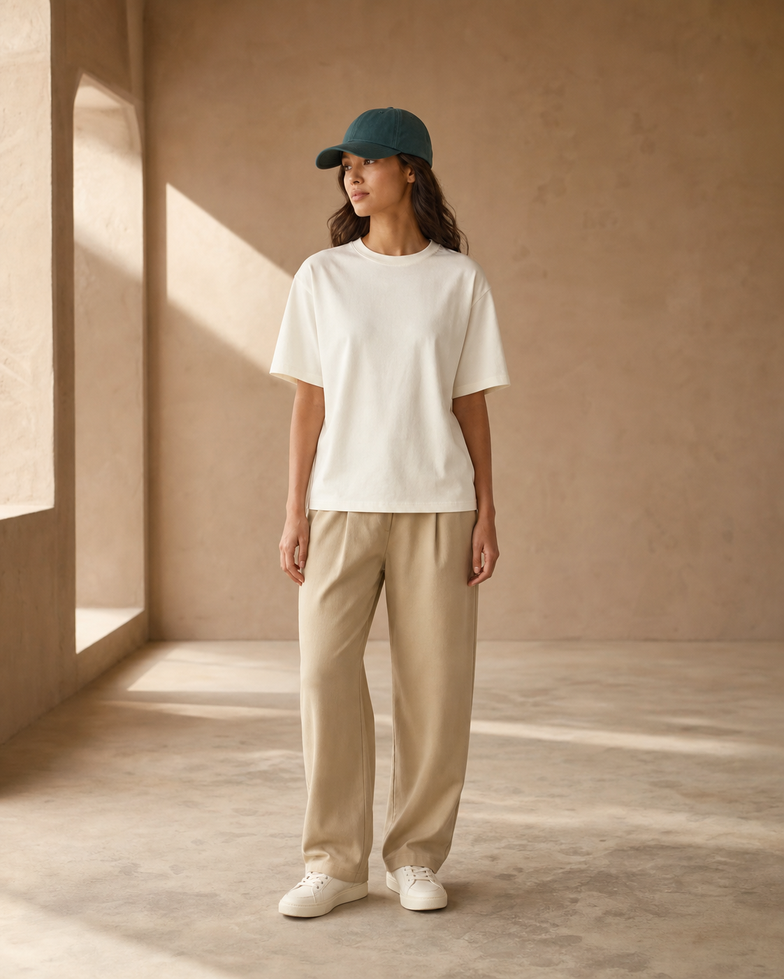 Full-length model wearing a deep teal blank cap and heavyweight ivory tee