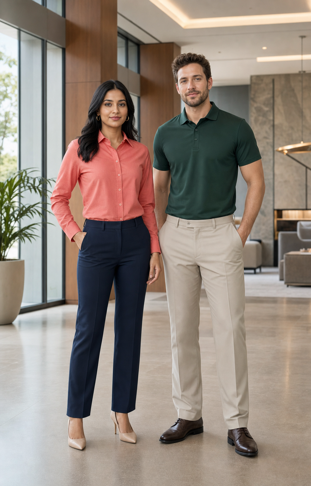 Two full-length office professionals wearing a coral woven shirt and forest polo