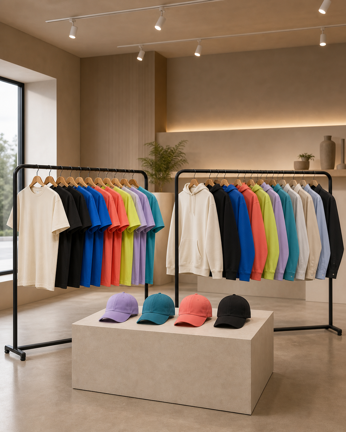 Complete racks of colorful blank tees, hoodies, polos, woven shirts, and caps