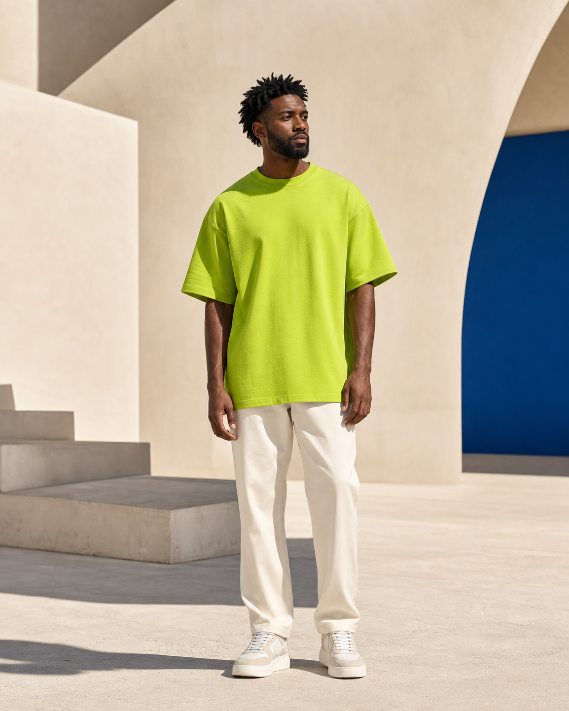 Full-length model wearing a vivid lime heavyweight blank tee