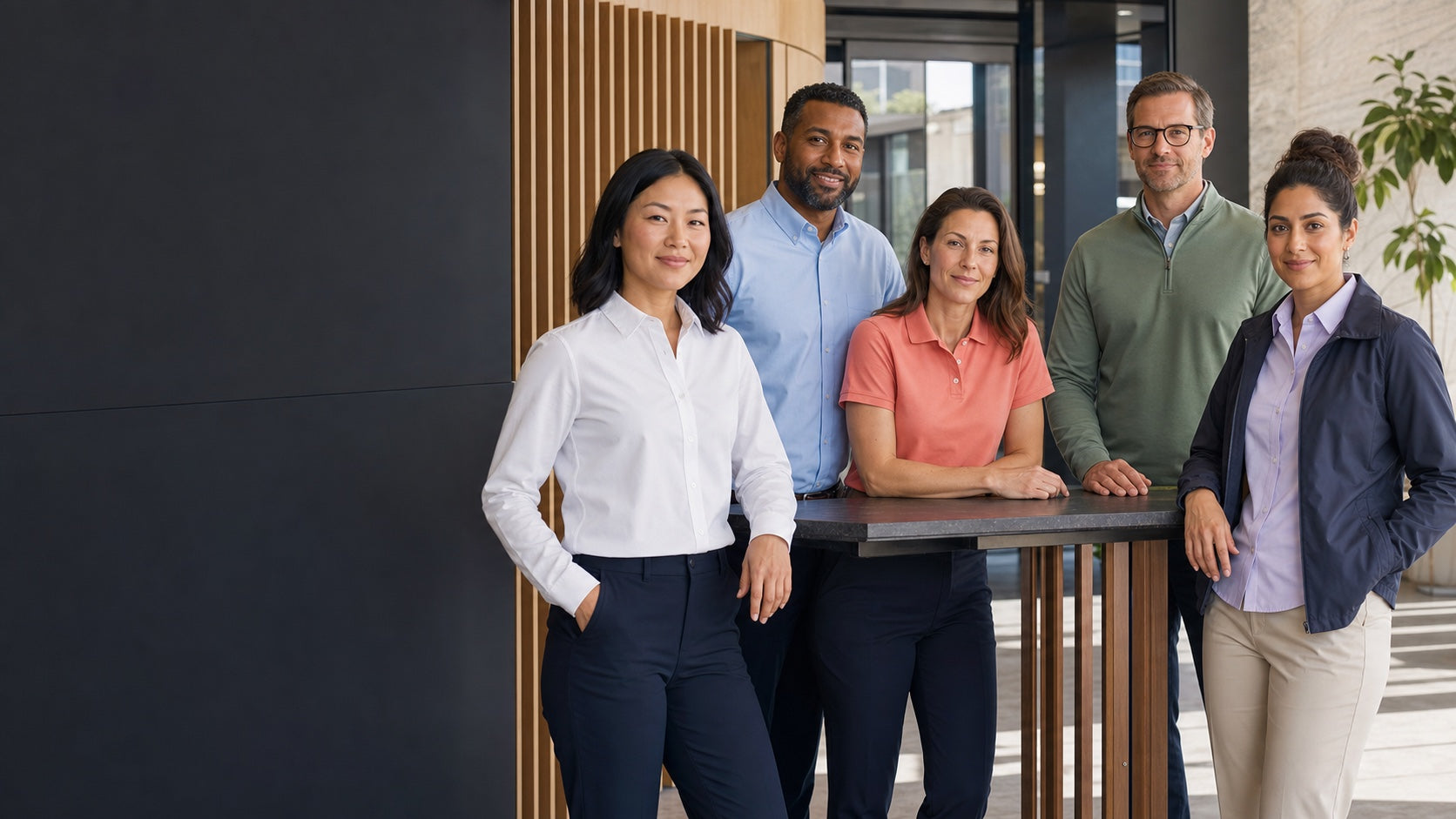 Office team wearing coordinated woven shirts, polos, and smart casual layers