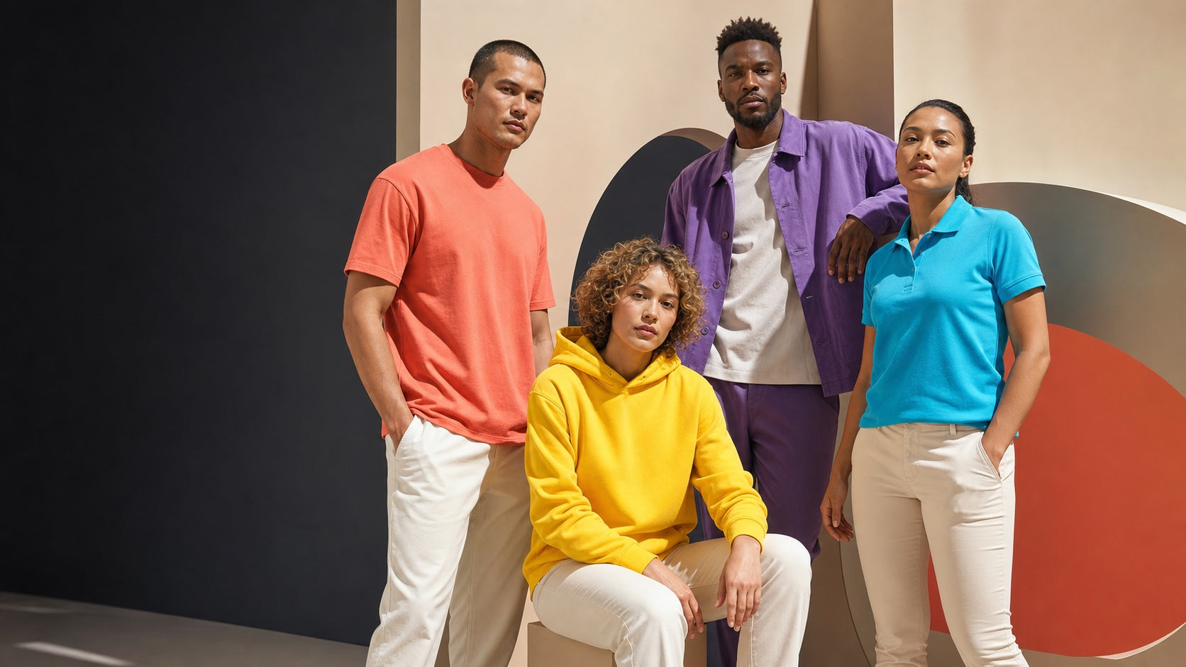 Four models wearing coral, yellow, purple, and cyan premium blanks