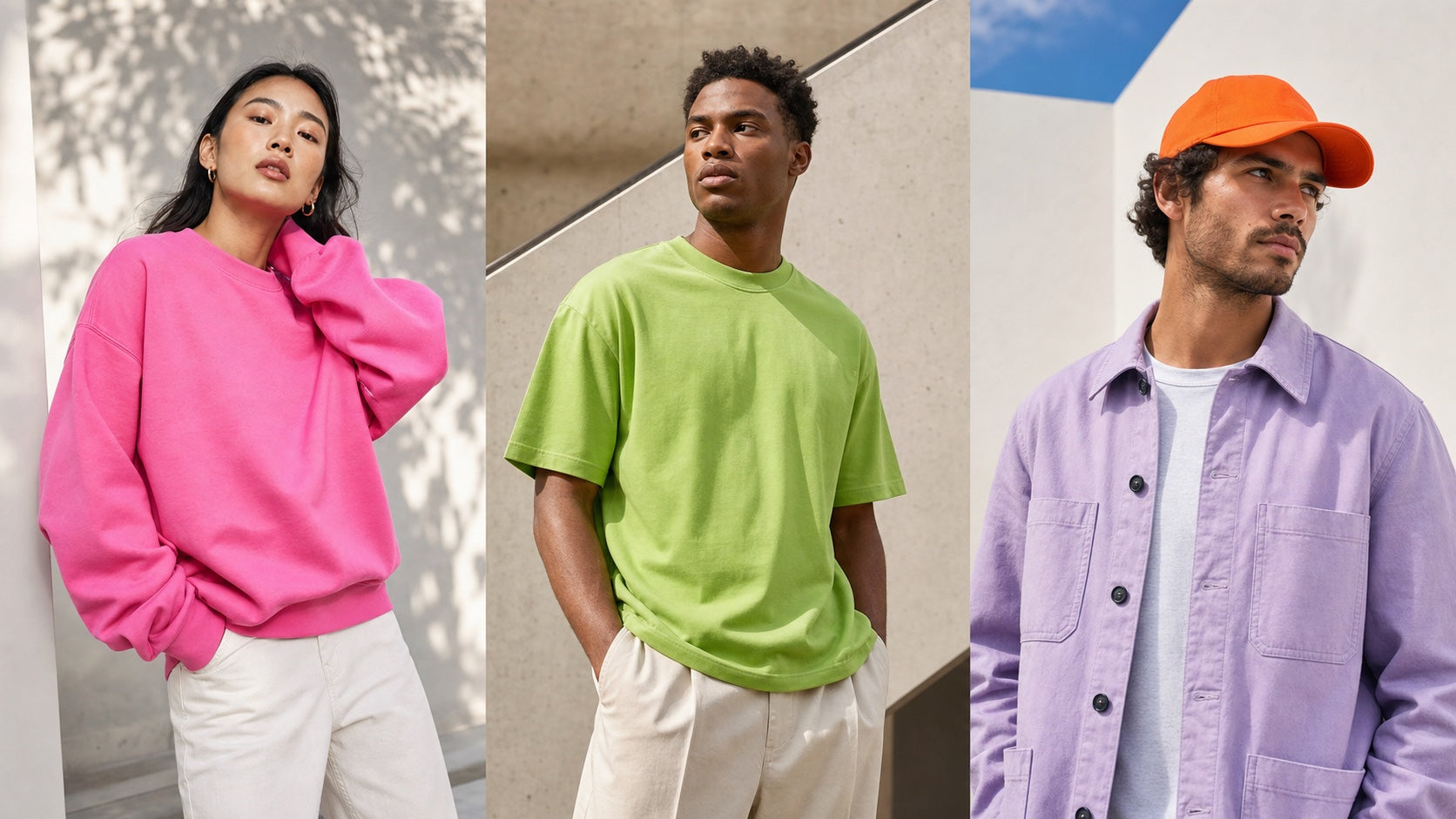 Fashion triptych with hot pink, lime, lavender, and orange blank apparel