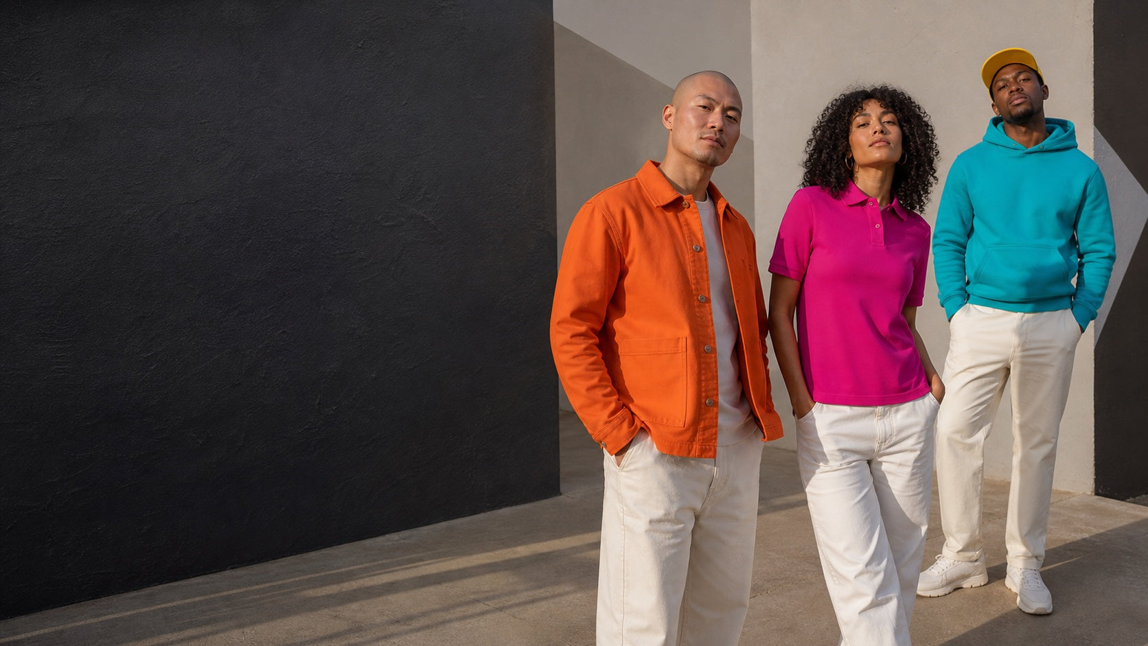 Creative team wearing vivid orange, magenta, turquoise, and yellow blank apparel