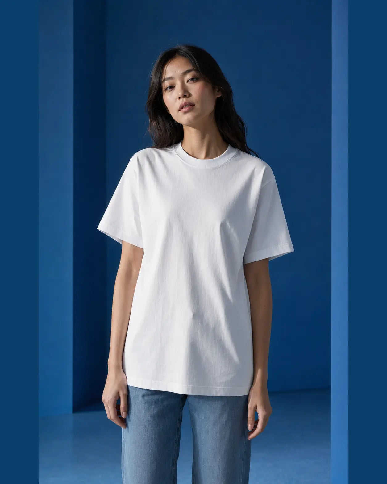 Woman wearing a blank white heavyweight tee
