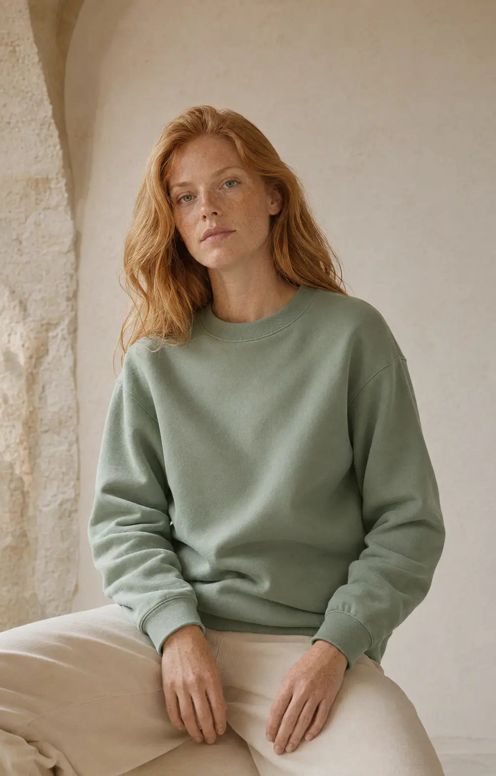 Woman wearing a sage crewneck sweatshirt
