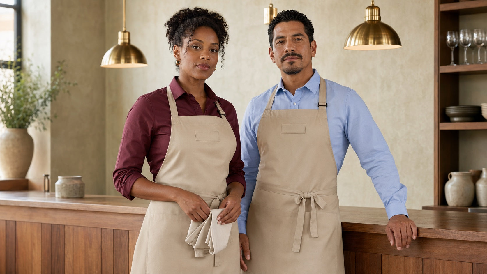 Two hospitality professionals wearing coordinated uniforms and aprons