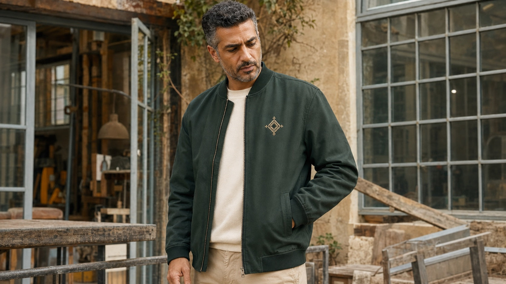 Man wearing an embroidered bomber workwear jacket