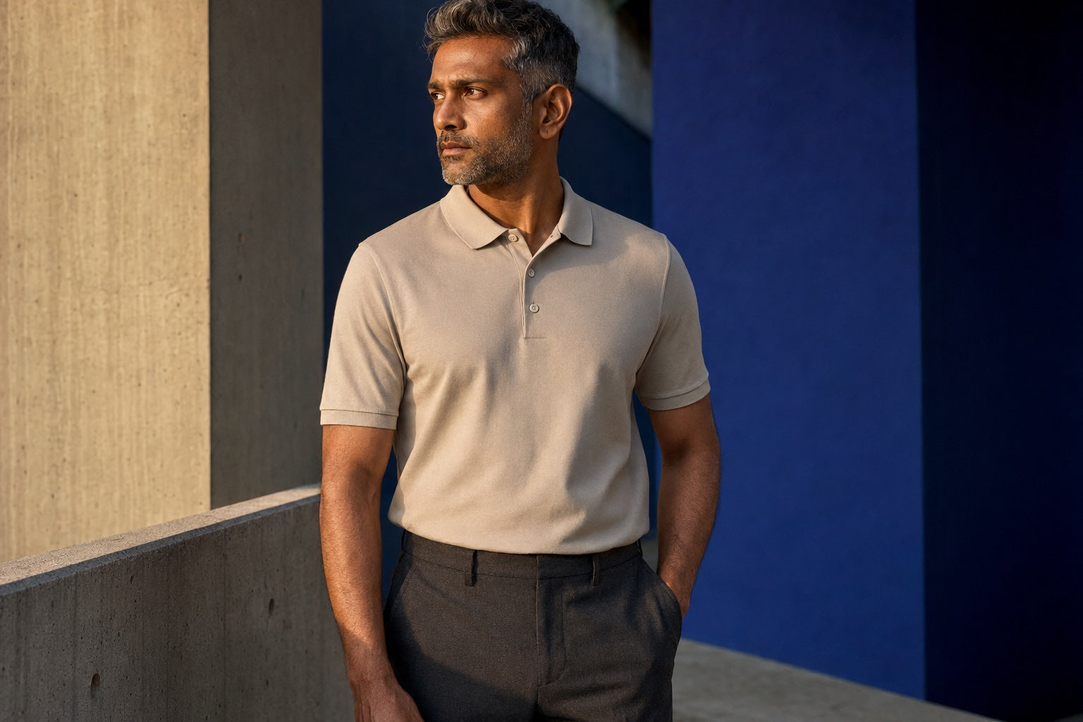 Man wearing an elevated cobalt polo