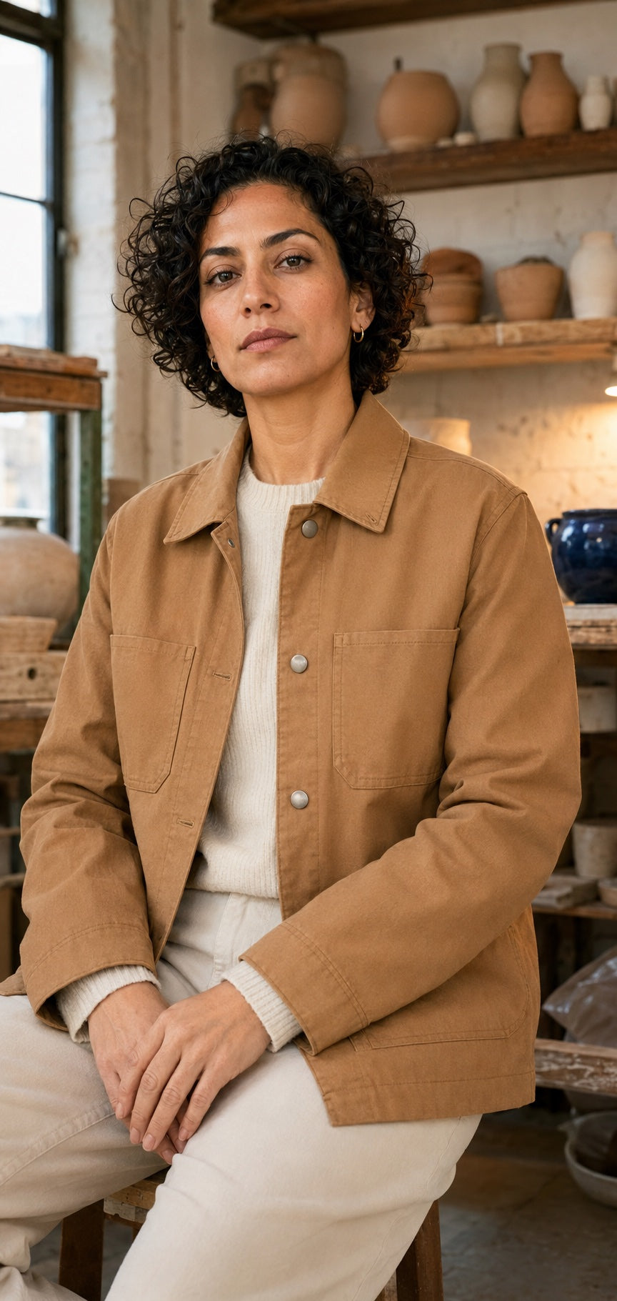 Woman wearing a refined workwear jacket